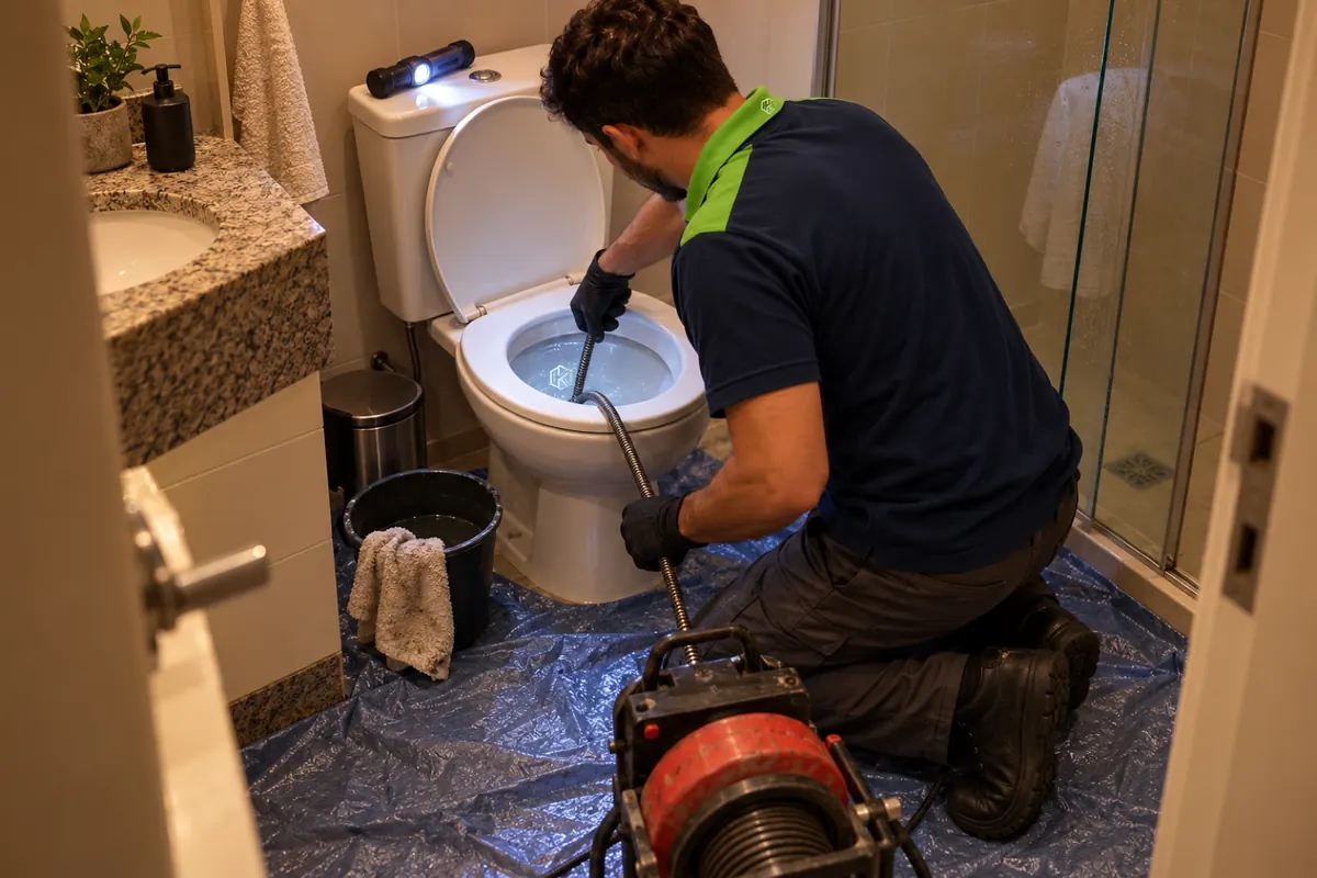Técnico passando o cabo flexível da máquina de mola no vaso sanitário, com o piso protegido por lona