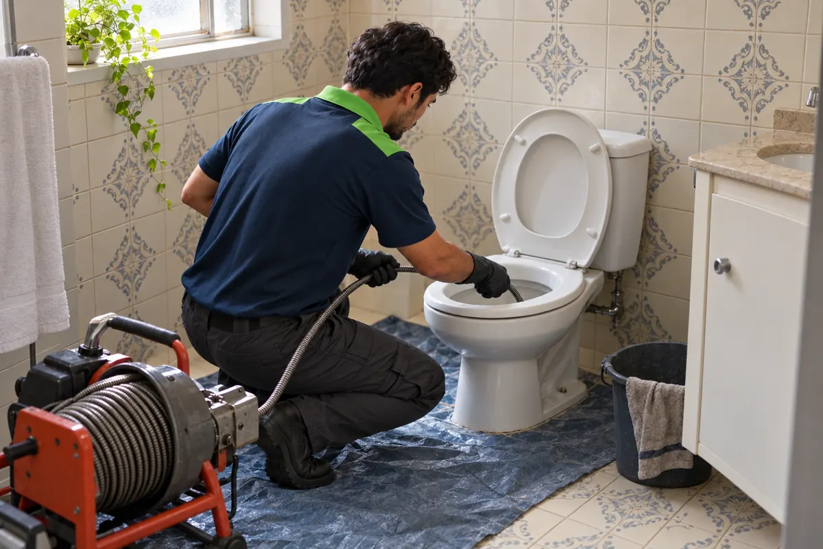 Técnico passando o cabo flexível da máquina de mola no vaso sanitário, com o piso protegido por lona