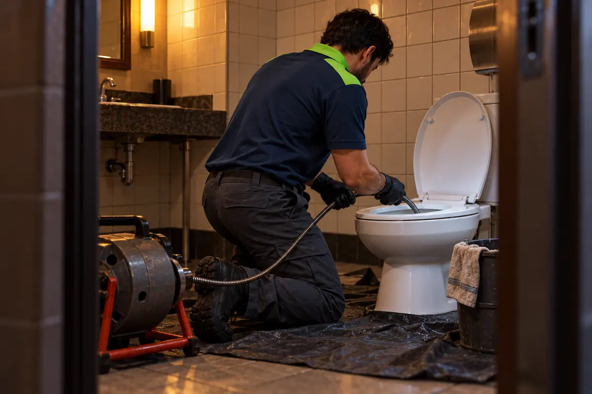 Técnico passando o cabo flexível da máquina de mola no vaso sanitário, com o piso protegido por lona