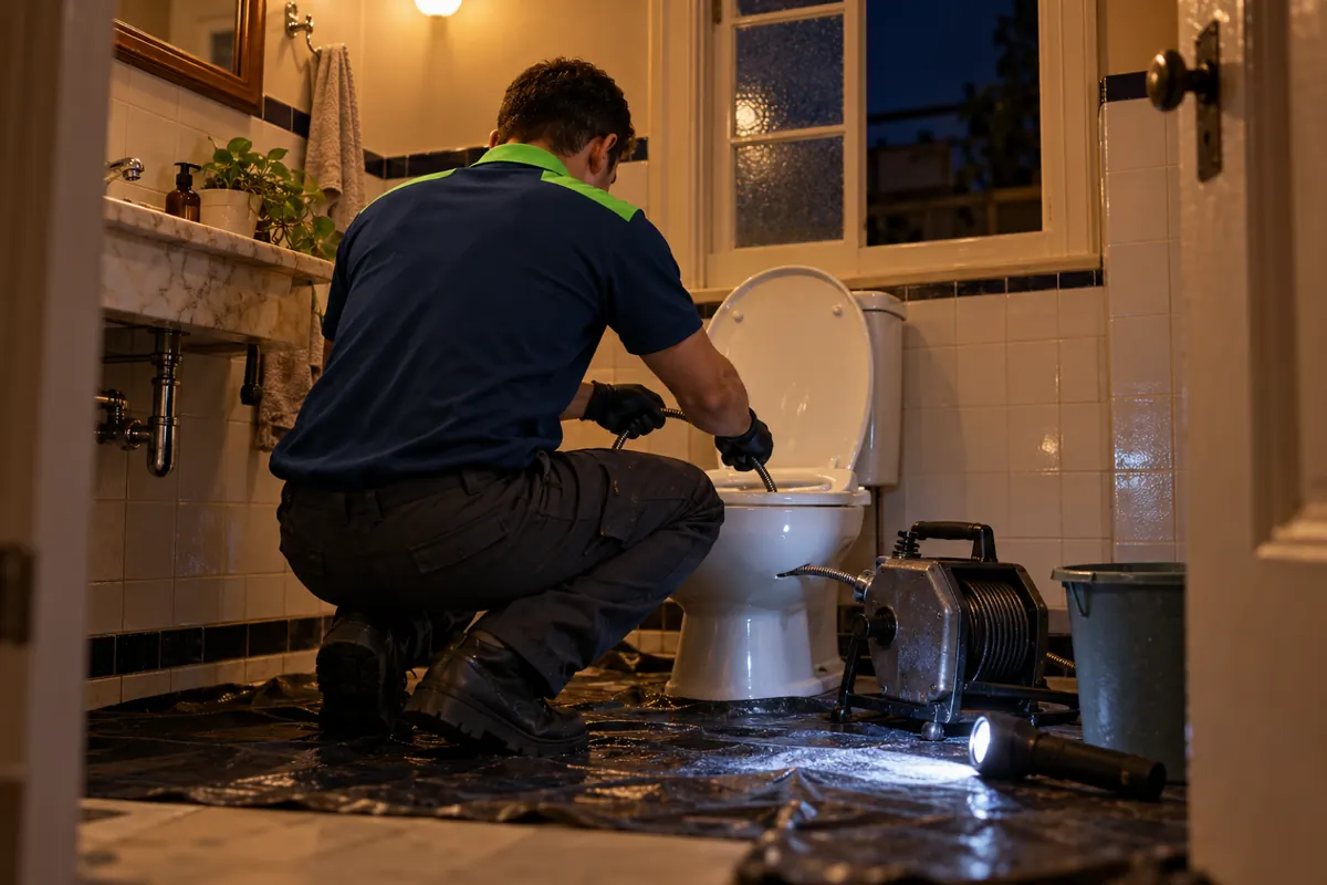 Técnico passando o cabo flexível da máquina de mola no vaso sanitário, com o piso protegido por lona