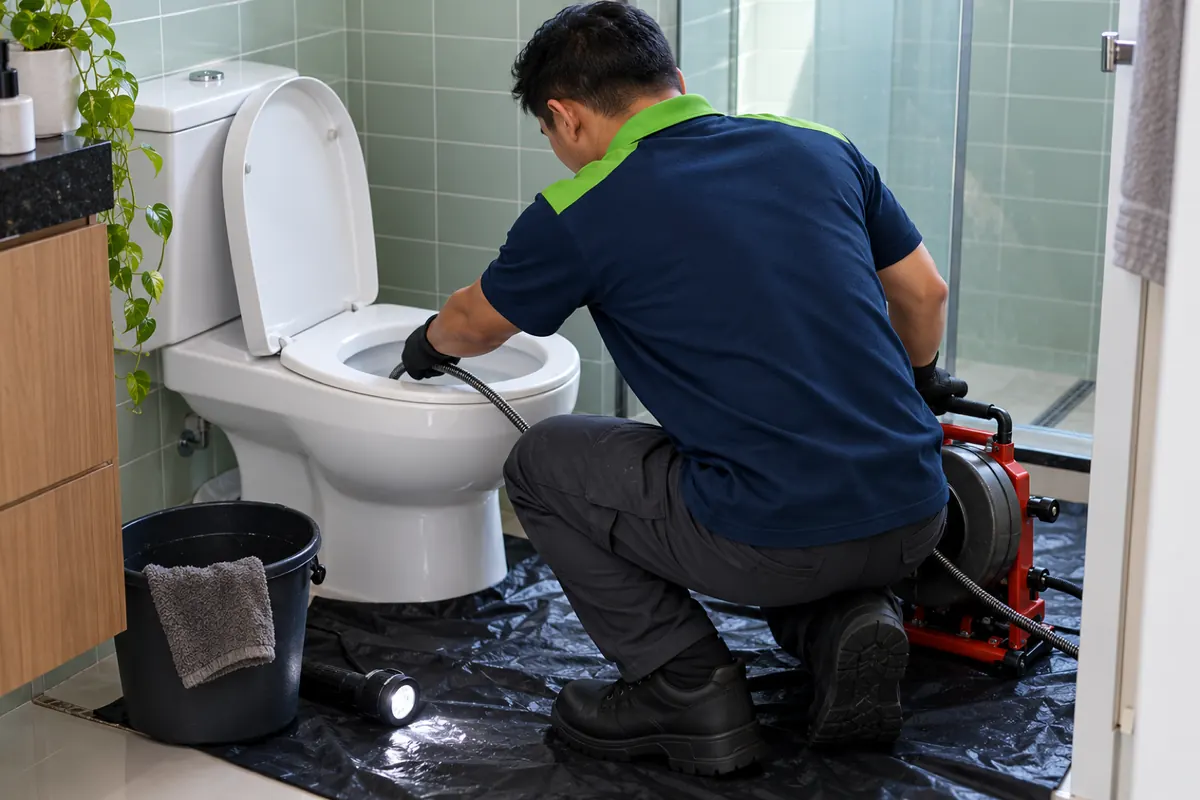 Técnico passando o cabo flexível da máquina de mola no vaso sanitário, com o piso protegido por lona