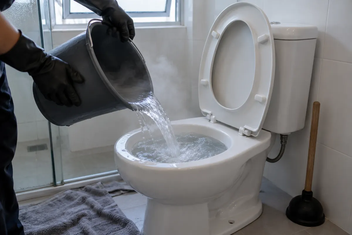 Mãos de luva despejando um balde de água morna no vaso entupido, com o desentupidor de borracha ao lado