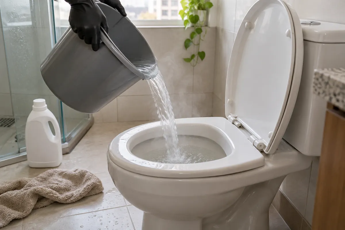 Mãos despejando um balde de água morna no vaso sanitário, com um frasco de detergente ao lado