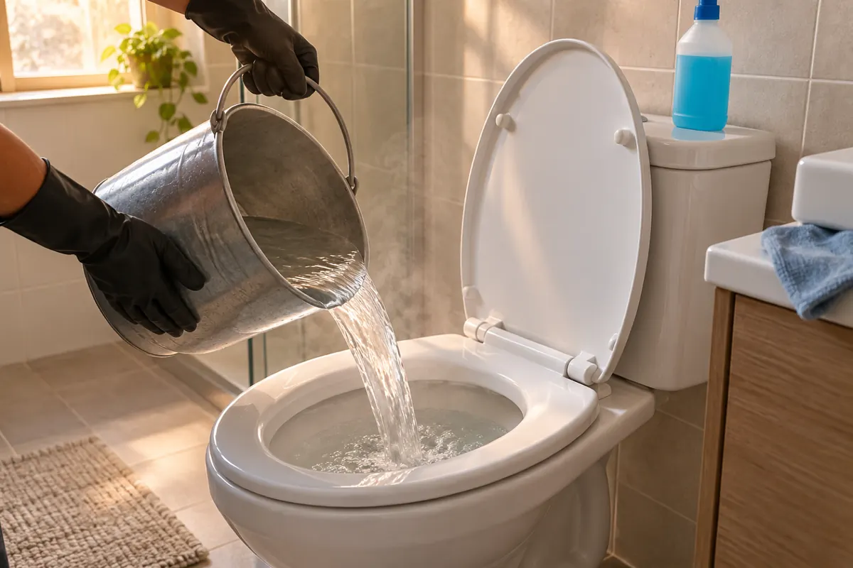 Mãos de luva despejando um balde de água morna no vaso, com um frasco de detergente na caixa acoplada