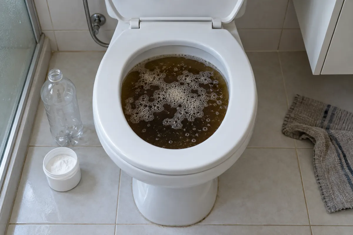 Espuma marrom na superfície da água parada de um vaso entupido, com garrafa vazia e bicarbonato no chão