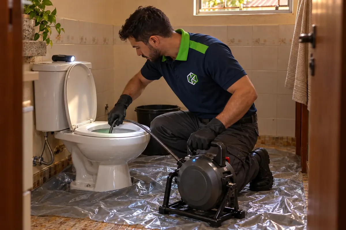 Técnico passando o cabo flexível da máquina de mola no vaso sanitário, com o piso protegido por lona