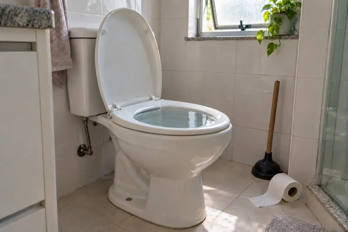 Vaso sanitário com o nível de água alto e um desentupidor de borracha ao lado