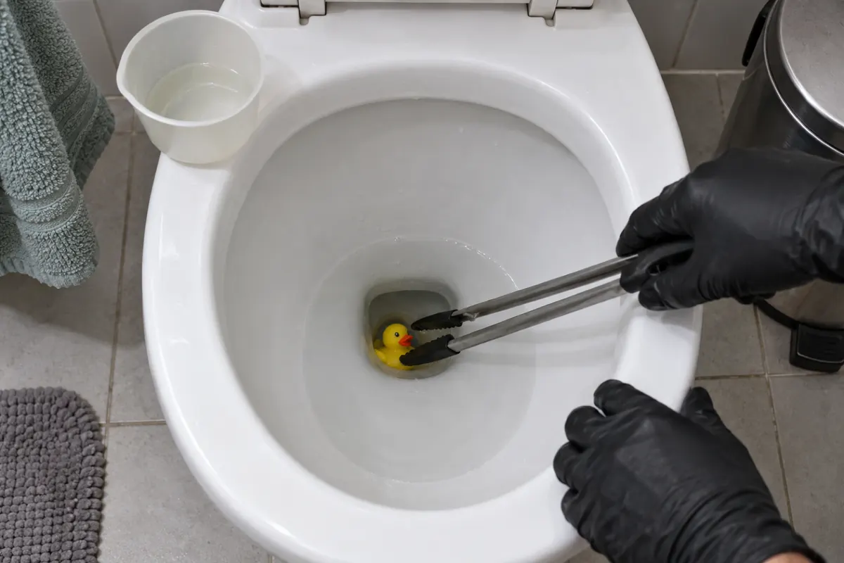 Mãos de luva puxando com uma pinça longa um brinquedo preso na saída do vaso sanitário