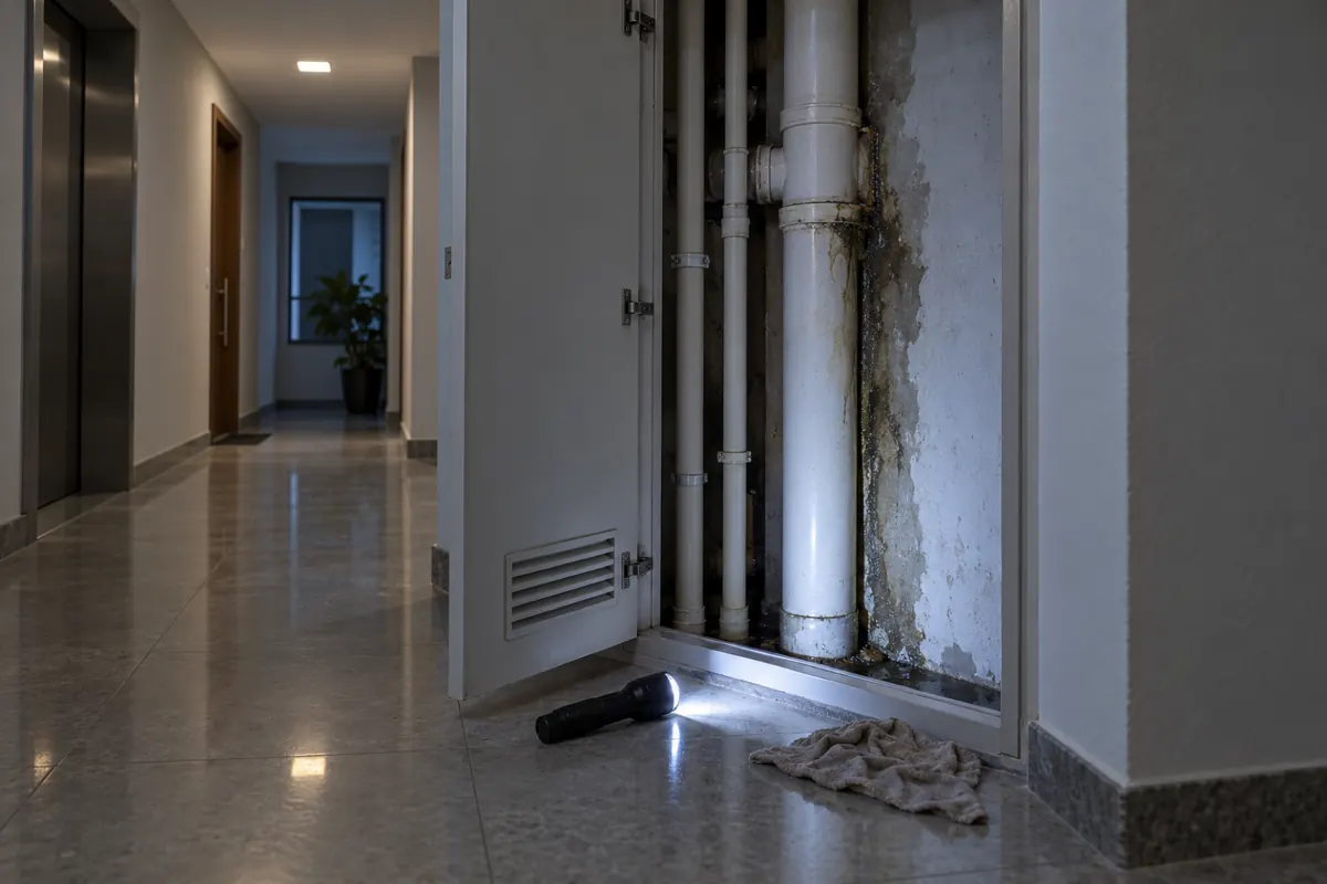 Shaft aberto no corredor do prédio com a parede úmida ao lado da junta da coluna de água