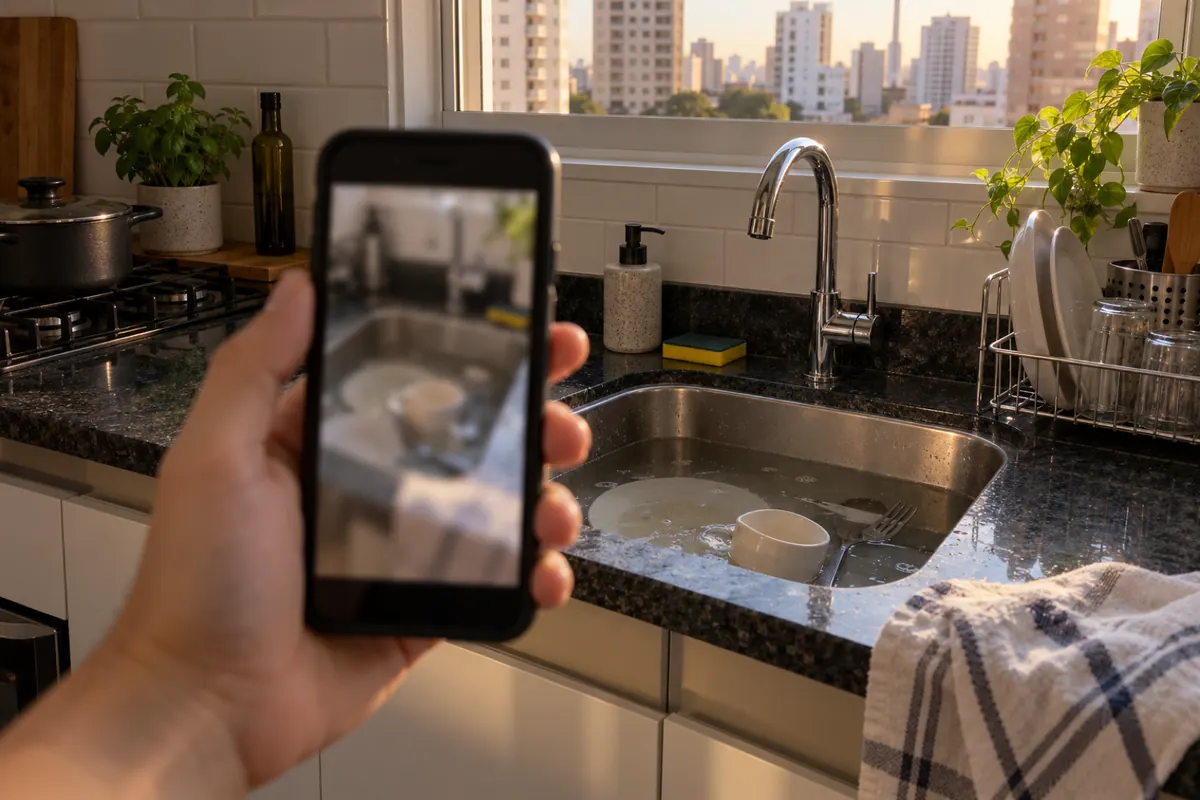 Mão fotografando com o celular a pia de cozinha com água parada para pedir a estimativa