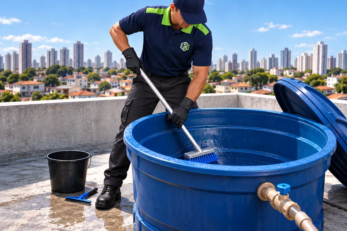 Profissional de uniforme escovando a parede interna de uma caixa d'água azul vazia na laje de uma casa