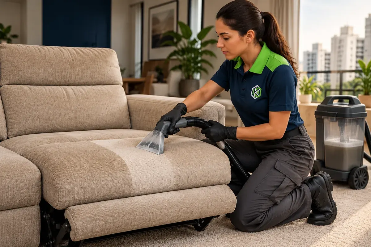 Profissional de uniforme higienizando o assento de um sofá bege com a máquina extratora