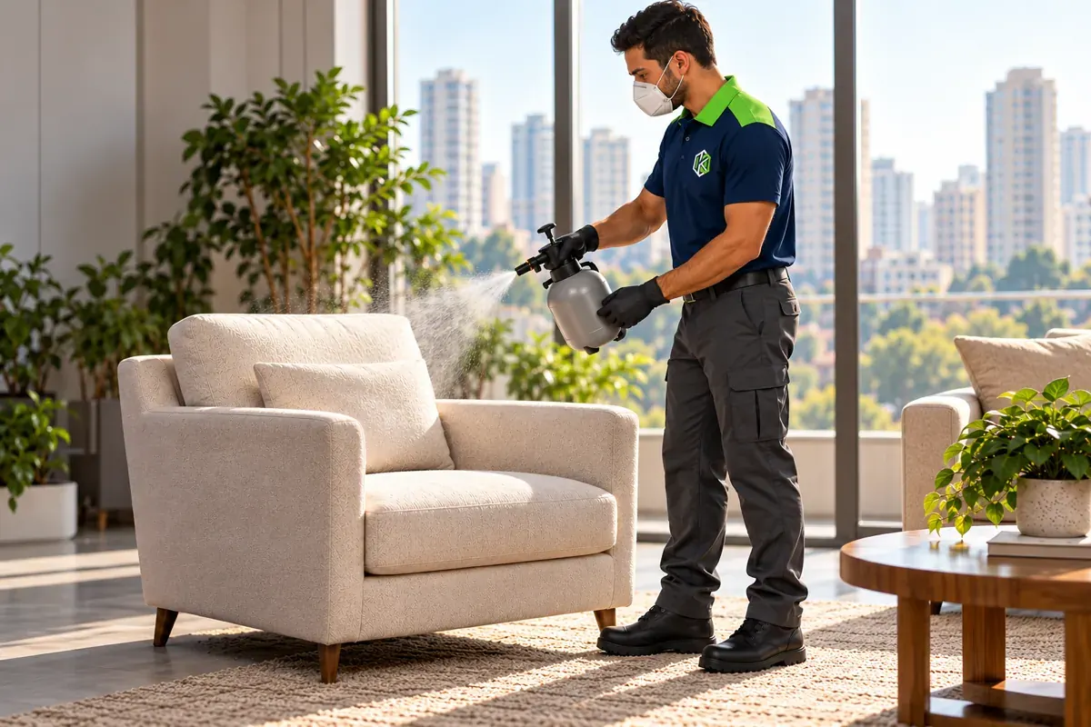 Profissional de uniforme aplicando impermeabilizante com pulverizador numa poltrona de tecido claro