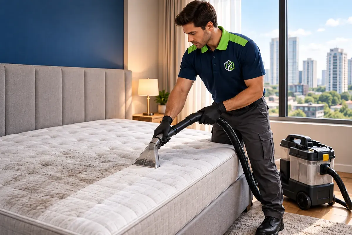 Profissional de uniforme passando a extratora num colchão de casal sem lençol, num quarto claro