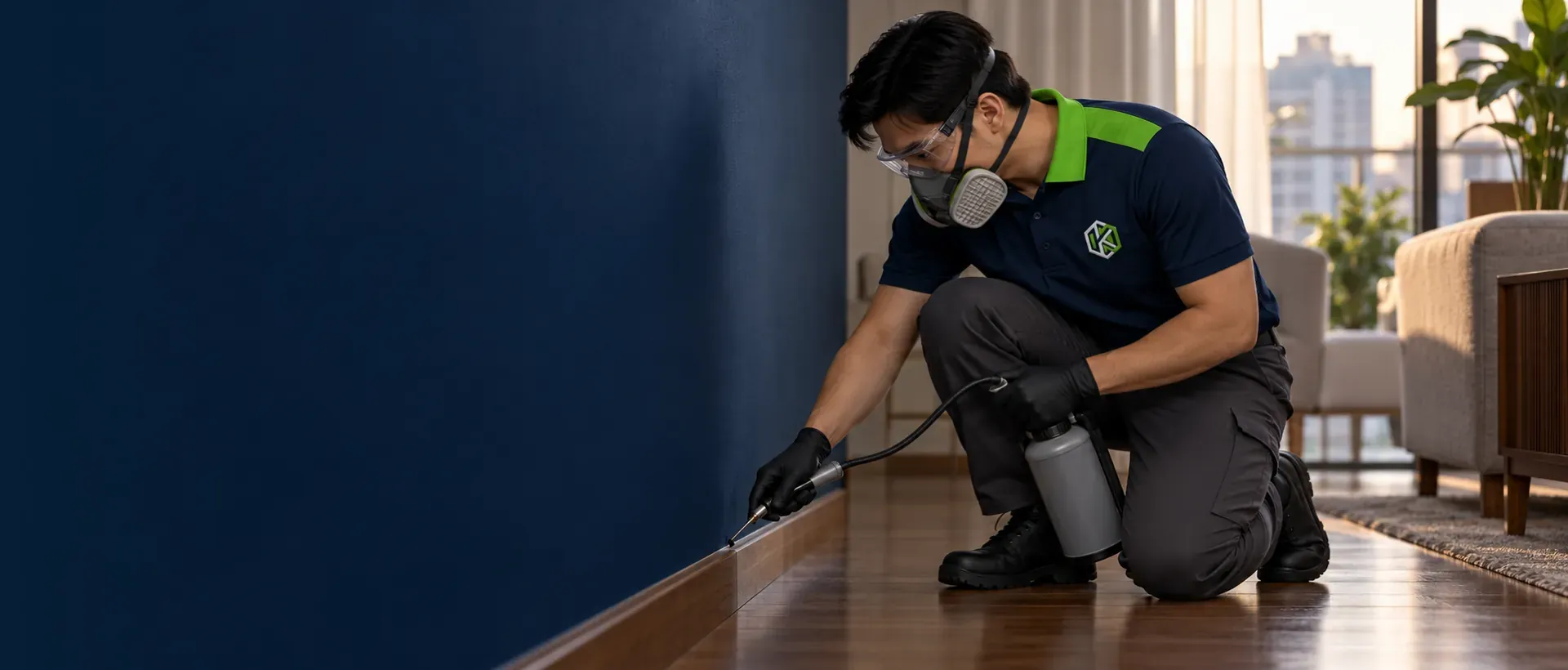 Dedetizador de uniforme e máscara aplicando produto com bico fino no rodapé de madeira da sala de um apartamento