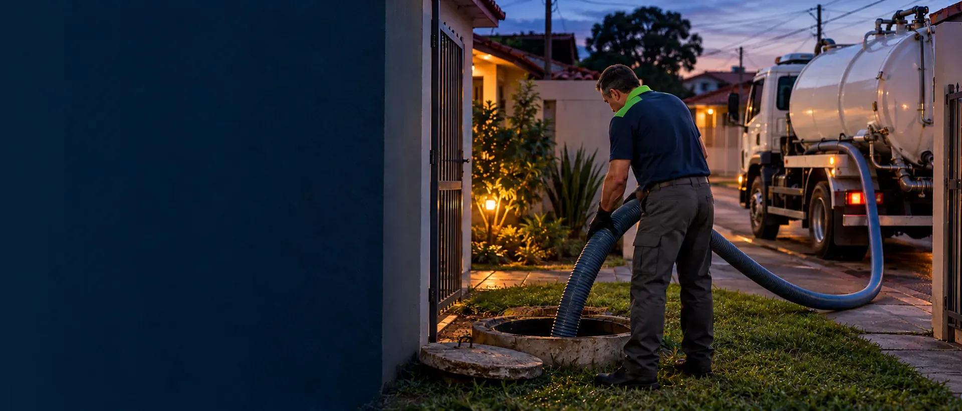 Técnico de uniforme conduzindo a mangueira do caminhão de sucção até a fossa no quintal de uma casa