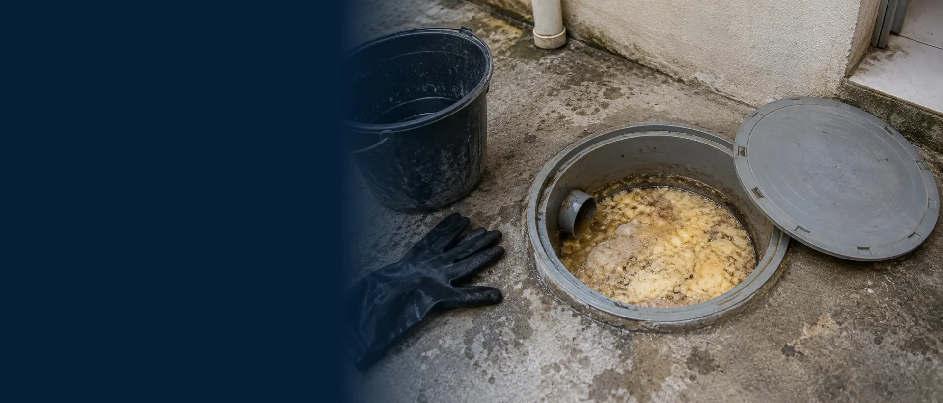 Caixa de gordura aberta, com a camada de gordura solidificada à vista
