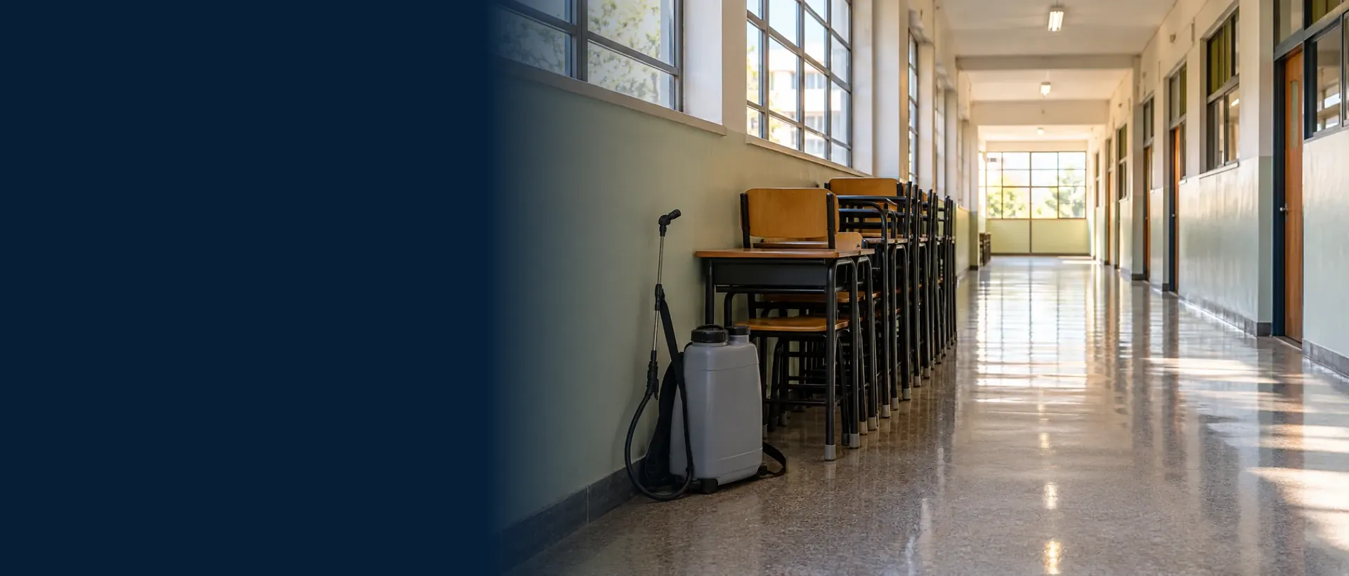 Corredor de escola vazio com uma mochila de pulverização apoiada na parede