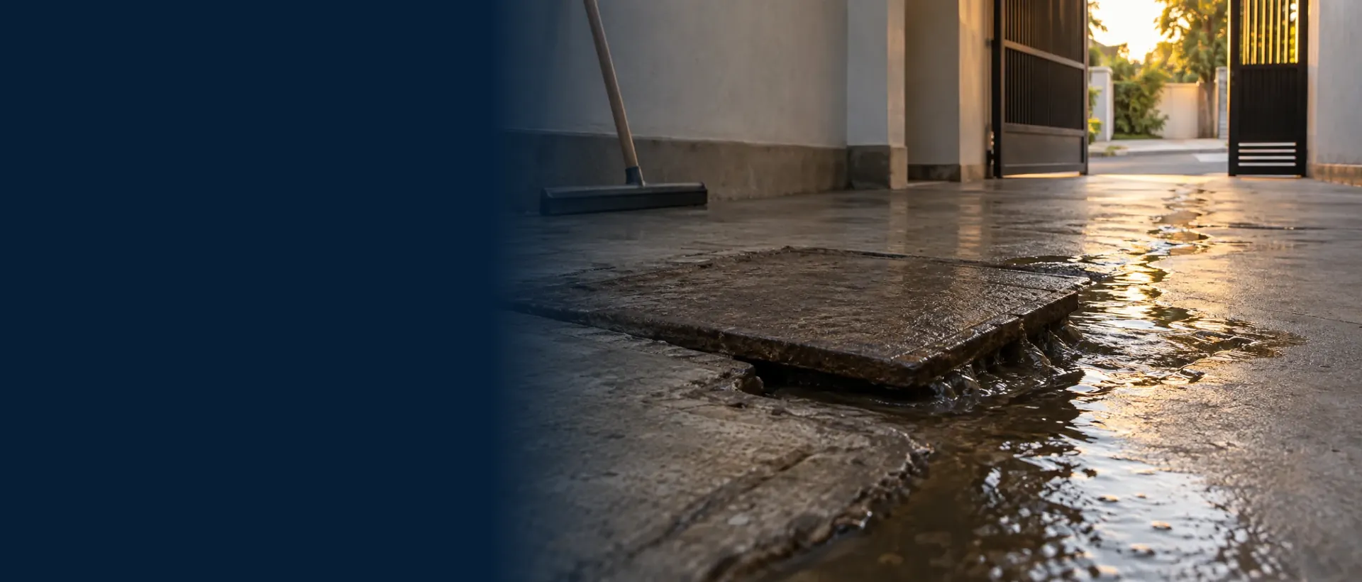 Caixa de esgoto transbordando no piso da garagem