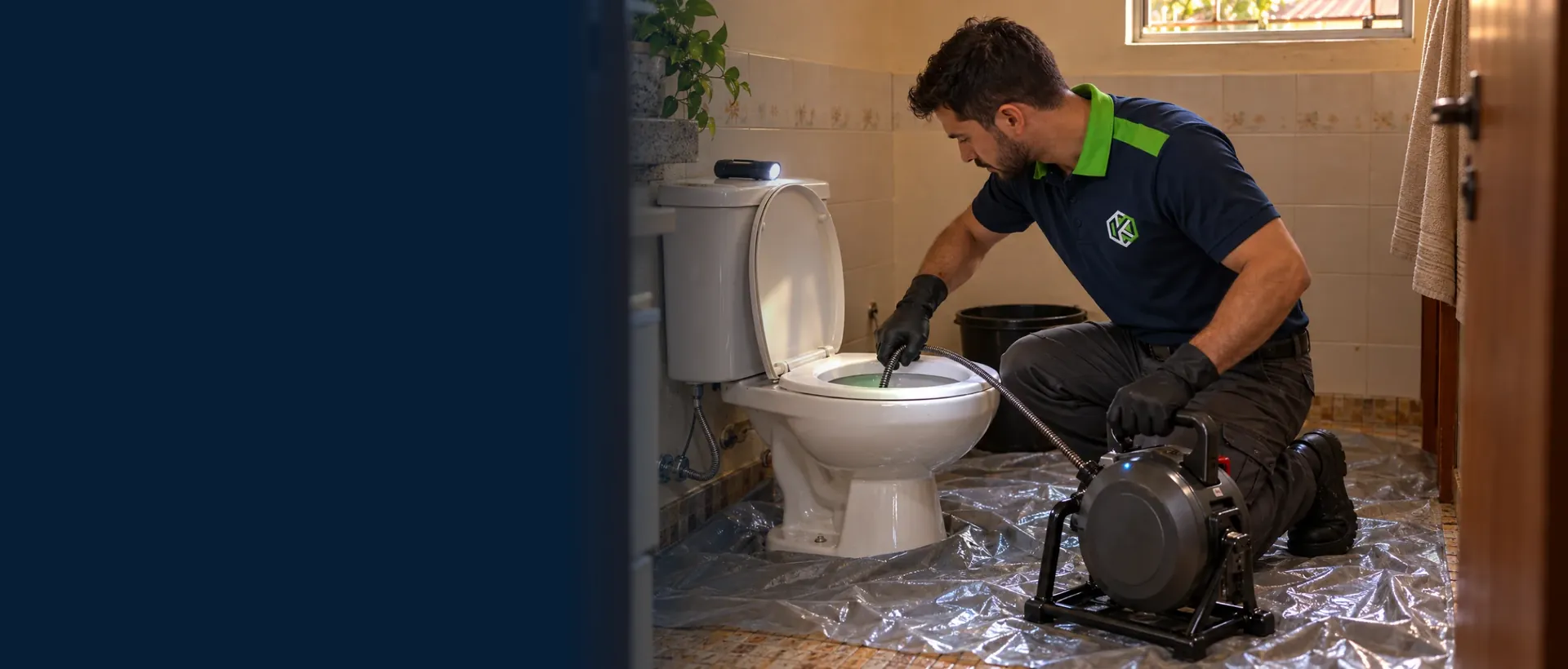 Técnico passando o cabo flexível da máquina de mola no vaso sanitário, com o piso protegido por lona