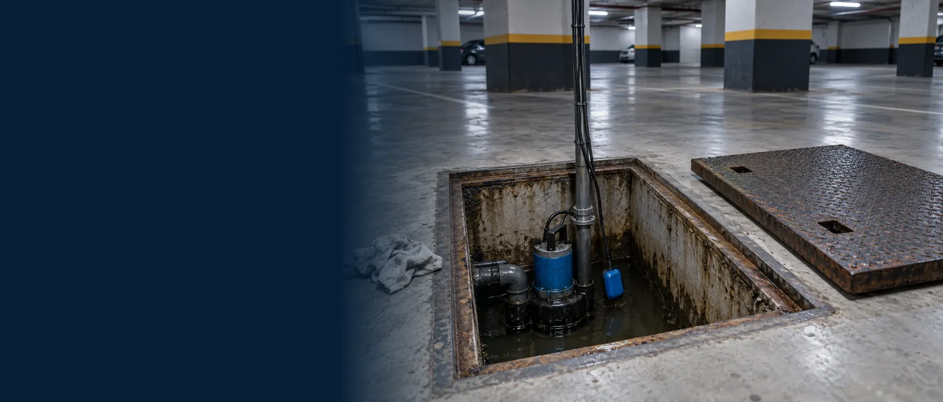 Poço de recalque de esgoto aberto na garagem do subsolo de um prédio