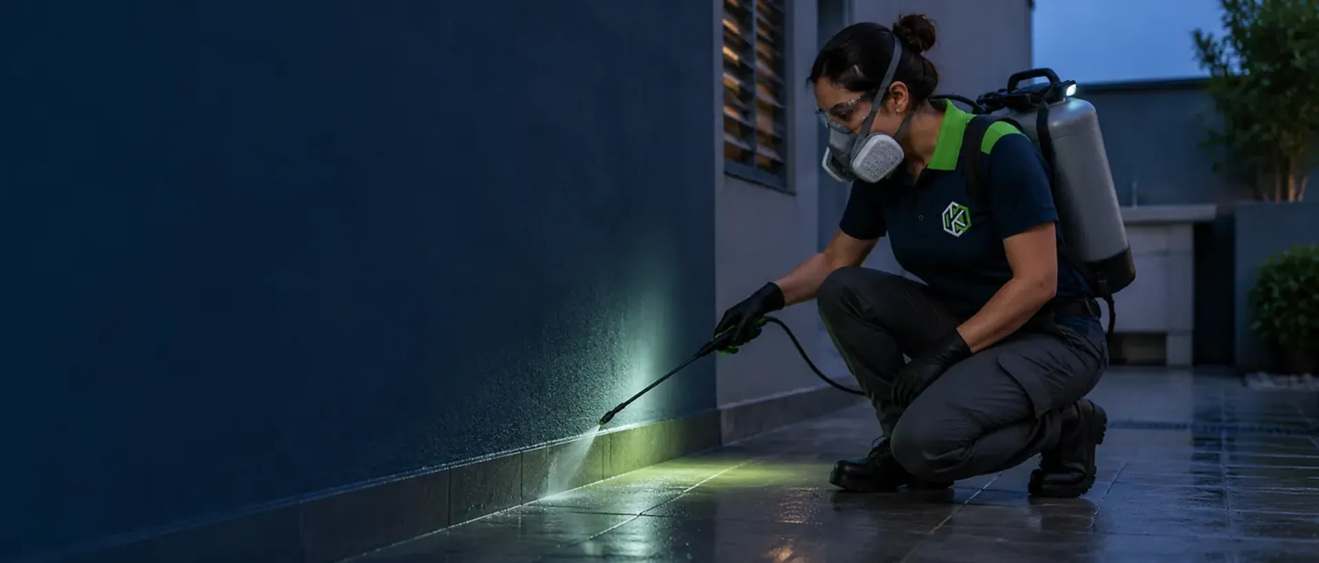 Dedetizadora de uniforme e máscara pulverizando o rodapé de uma área externa ao entardecer