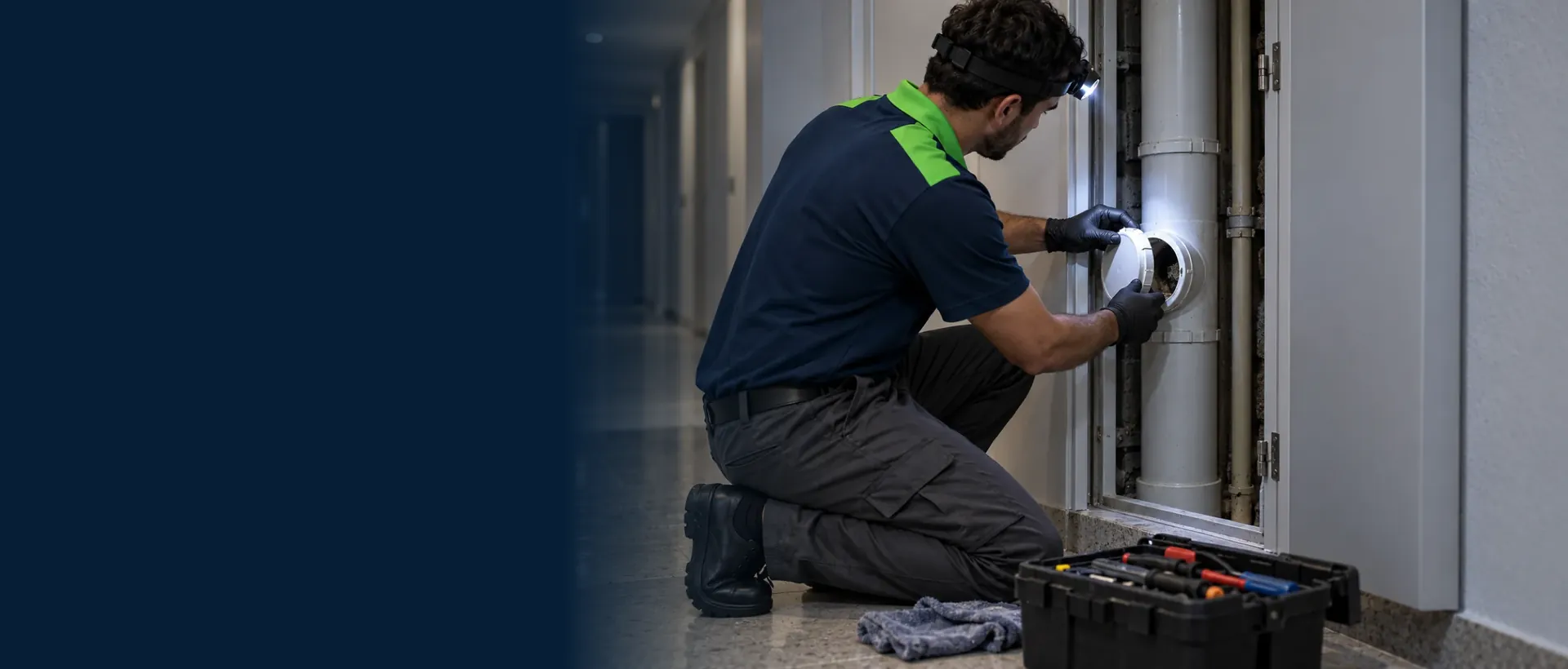 Técnico abrindo a inspeção do tubo de queda no shaft de um prédio