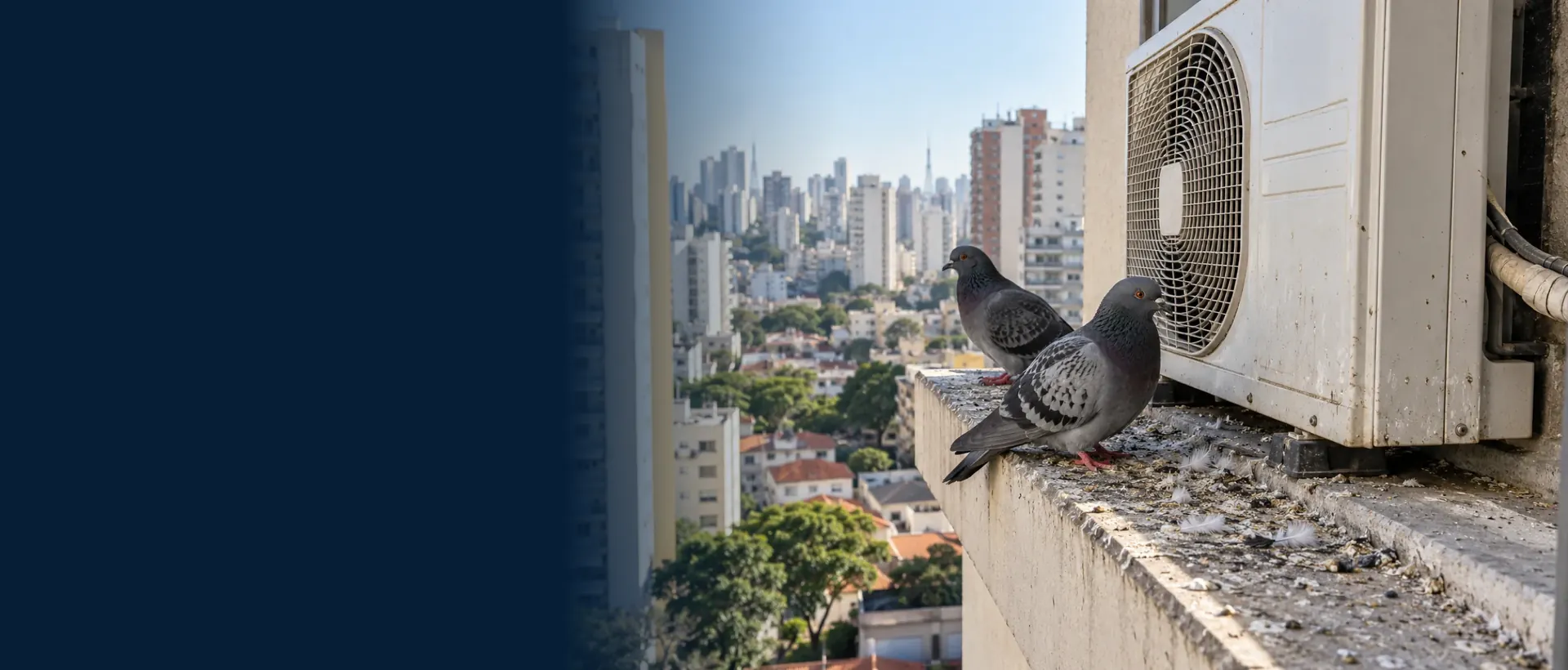 Pombos pousados no parapeito, ao lado da caixa do ar-condicionado