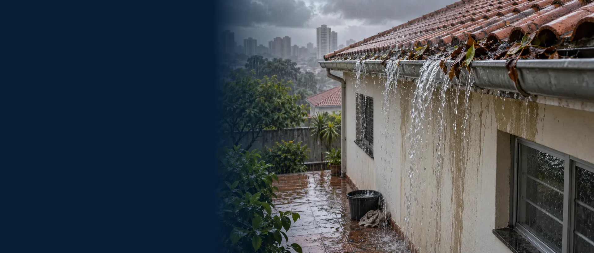 Calha de telhado transbordando com folhas acumuladas, com a água da chuva escorrendo pela parede