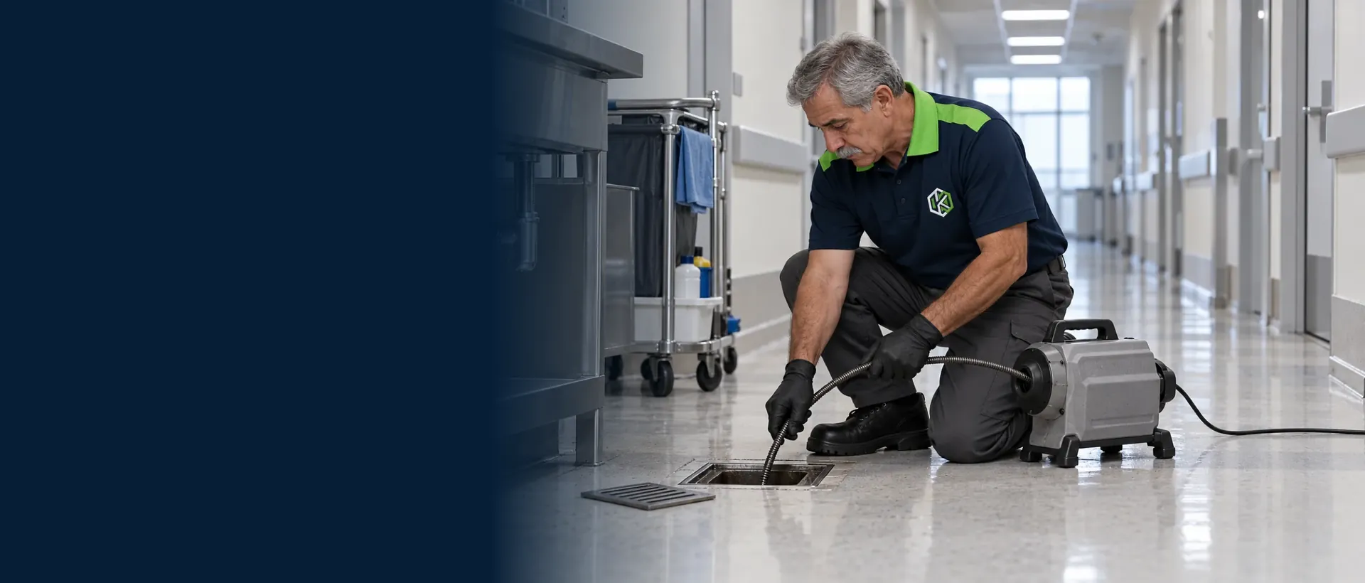 Técnico de uniforme desentupindo com a máquina de mola o ralo de chão de um corredor de serviço de hospital