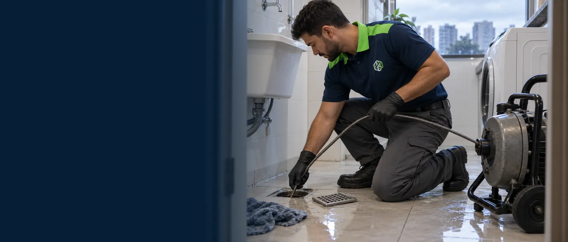 Técnico passando a máquina de mola no ralo da área de serviço