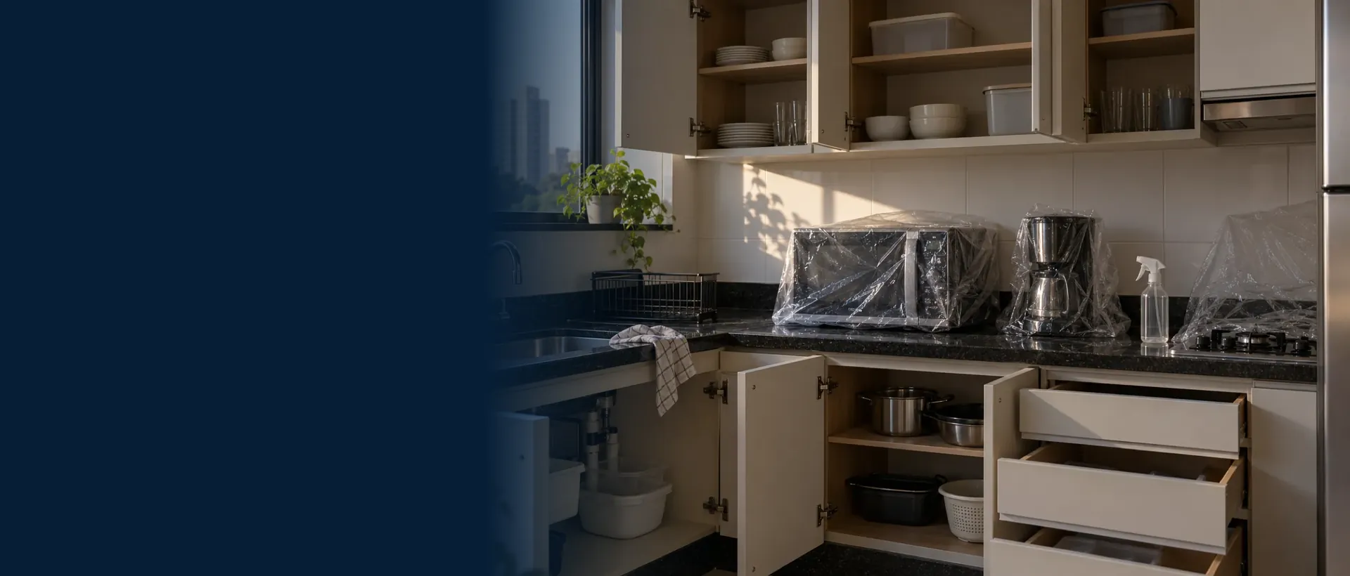 Cozinha com o micro-ondas e a cafeteira cobertos por plástico e os armários abertos para a dedetização
