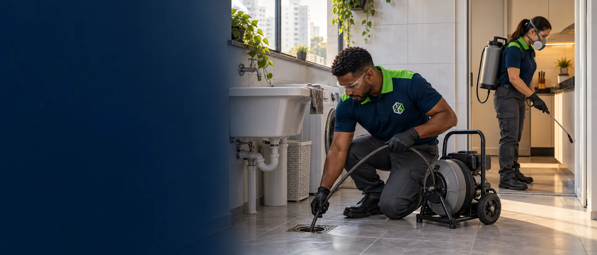 Técnico de uniforme desentupindo o ralo da área de serviço e dedetizadora de máscara ao fundo, na cozinha