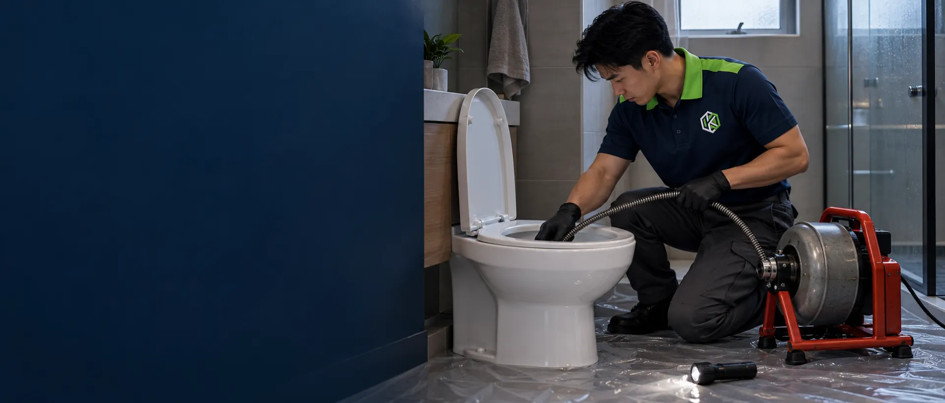 Técnico de uniforme desentupindo o vaso sanitário do banheiro com a máquina de mola