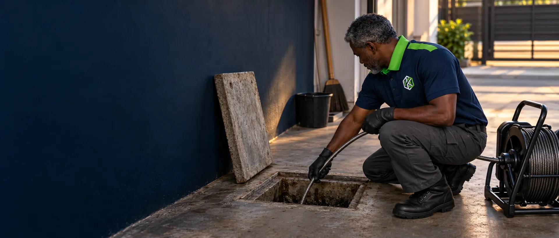 Técnico de uniforme passando a sonda numa caixa de inspeção aberta na garagem, com a tampa de concreto encostada na parede