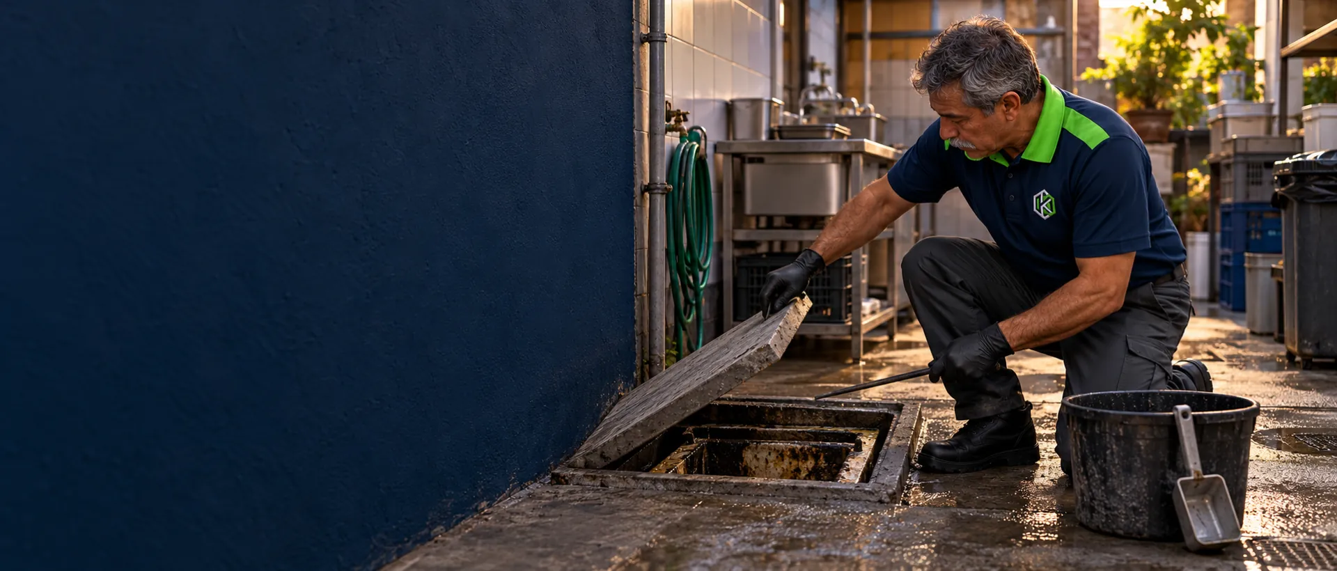 Técnico de uniforme abrindo a caixa de gordura no quintal da cozinha de um restaurante, com balde e pá ao lado