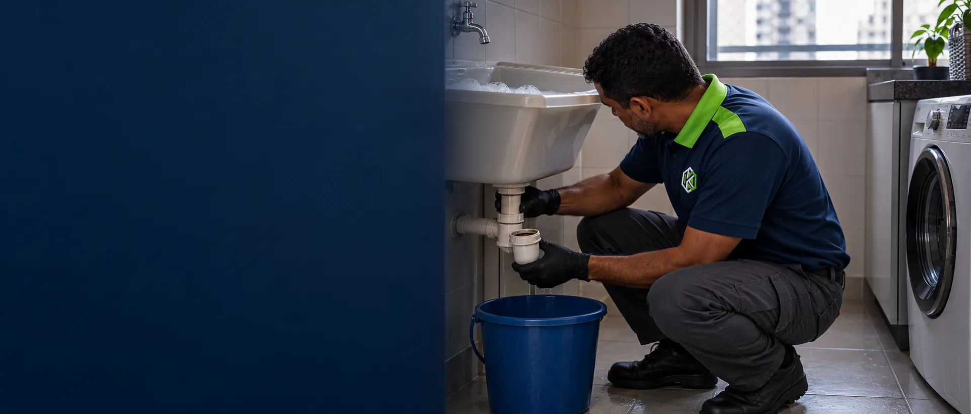Técnico de uniforme desmontando o sifão do tanque da área de serviço, com um balde embaixo