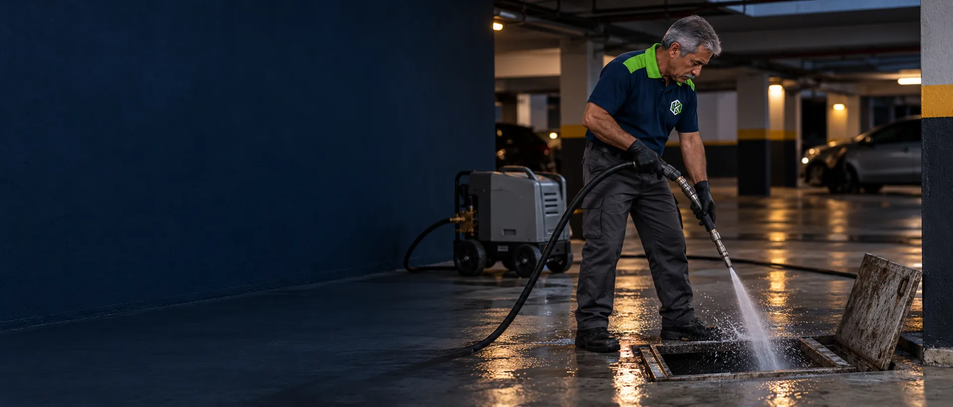 Técnico de uniforme hidrojateando uma caixa de inspeção na garagem de um prédio