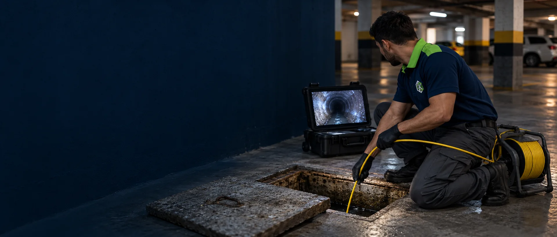 Técnico de uniforme ajoelhado na garagem de um prédio conduzindo a câmera de inspeção numa caixa de esgoto, com o monitor mostrando o cano por dentro