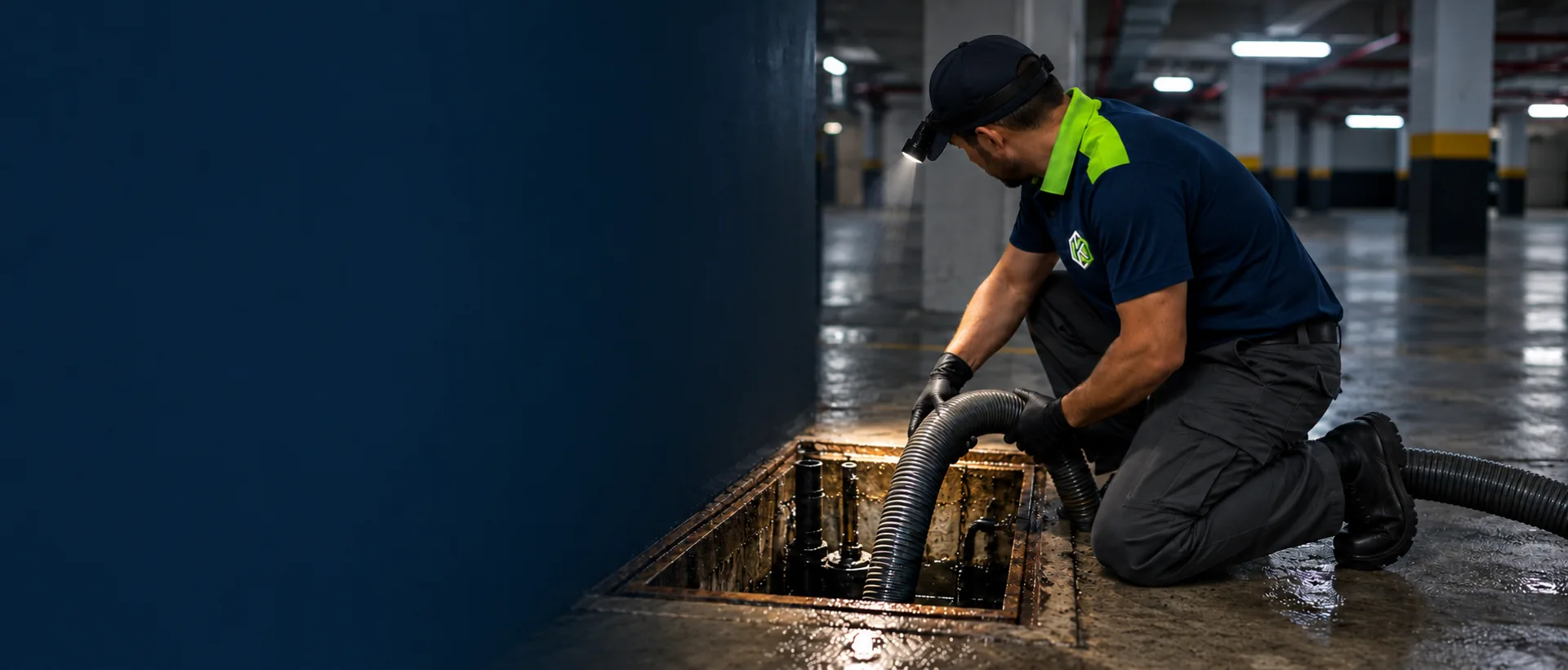 Técnico conduzindo o mangote de sucção para dentro do poço de recalque aberto na garagem do subsolo de um prédio