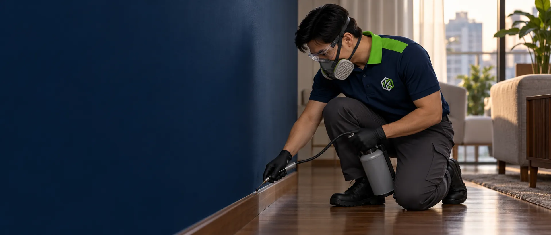 Dedetizador de uniforme e máscara aplicando produto com bico fino no rodapé de madeira da sala de um apartamento