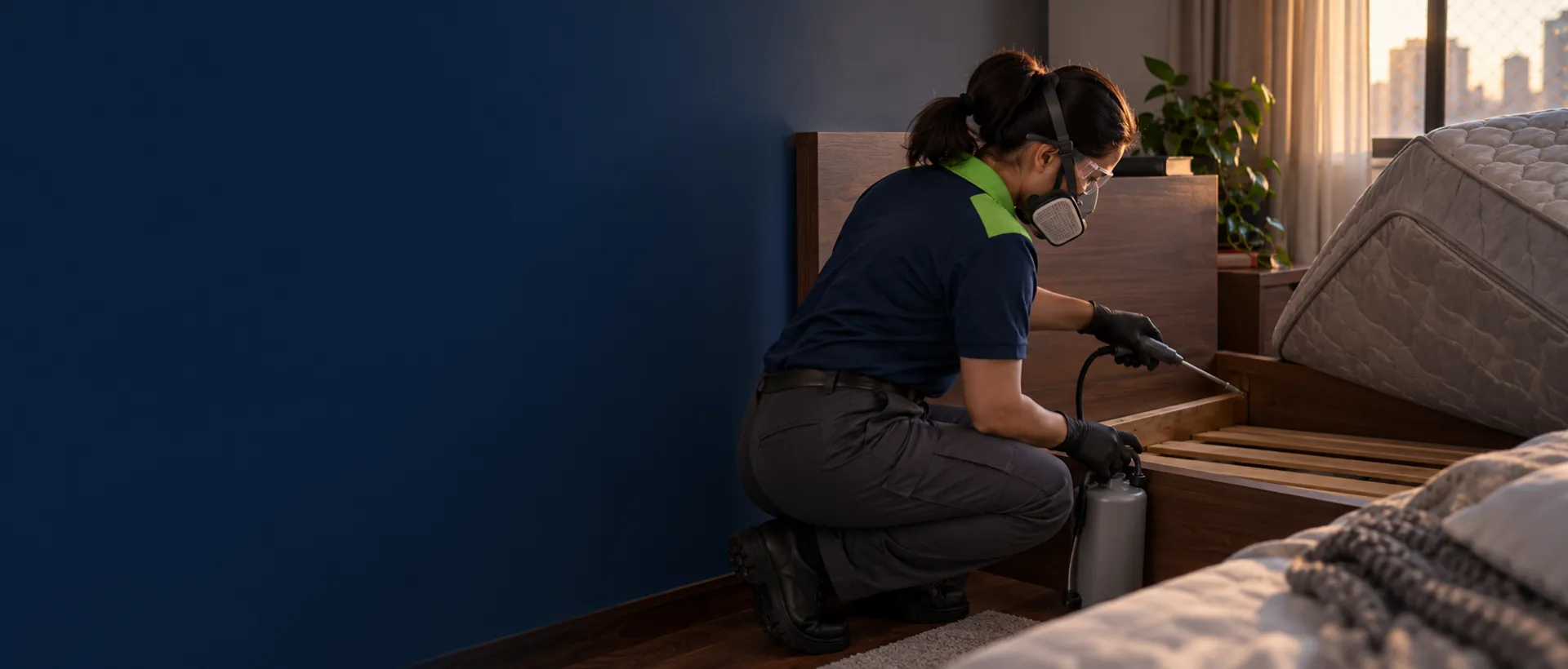 Dedetizadora de uniforme e máscara aplicando produto no estrado da cama, com o colchão levantado