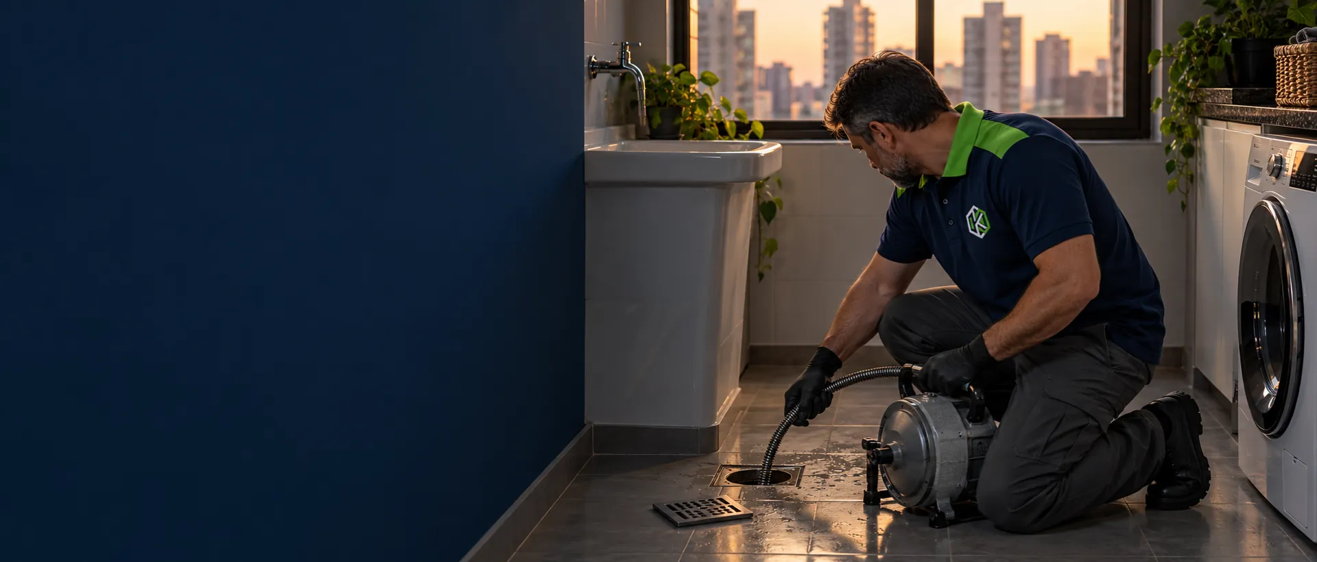 Técnico de uniforme desentupindo com a máquina de mola o ralo da área de serviço de um apartamento, com prédios ao fundo pela janela