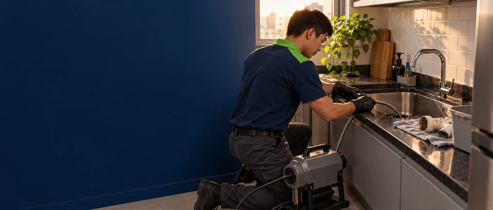 Técnico de uniforme desentupindo com a máquina de mola a pia da cozinha de um apartamento compacto