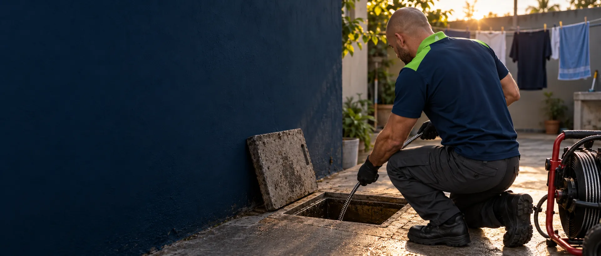 Técnico de uniforme passando a sonda numa caixa de inspeção no quintal de uma casa térrea, com varal ao fundo
