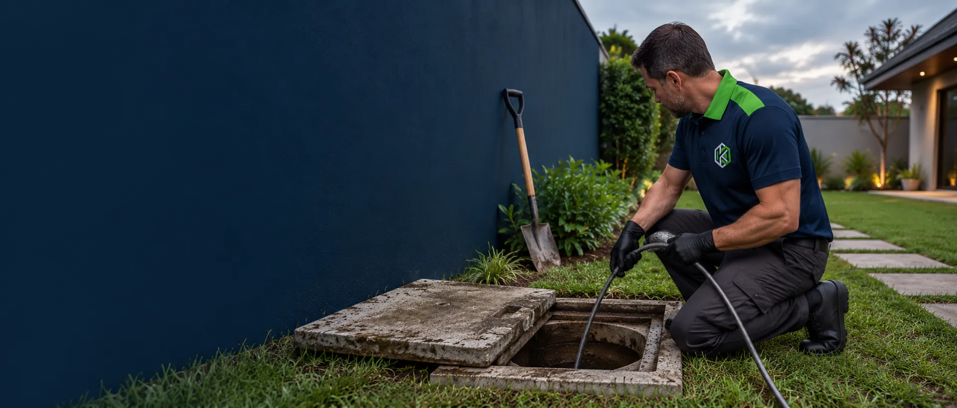 Técnico de uniforme passando a sonda na fossa aberta no gramado do quintal de uma casa térrea