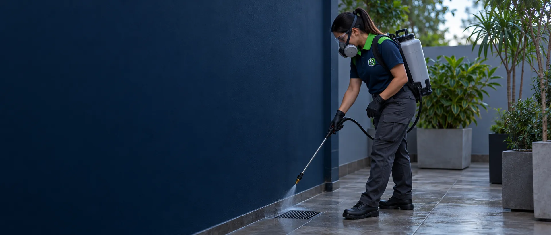 Dedetizadora de uniforme e máscara pulverizando a junção do muro com o piso na área externa de um sobrado