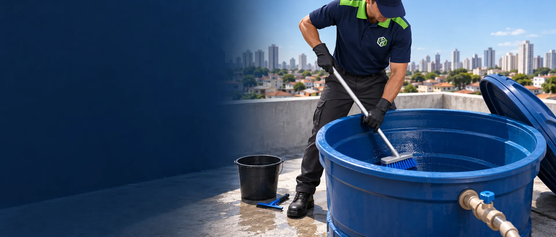 Profissional de uniforme escovando a parede interna de uma caixa d'água azul vazia na laje de uma casa